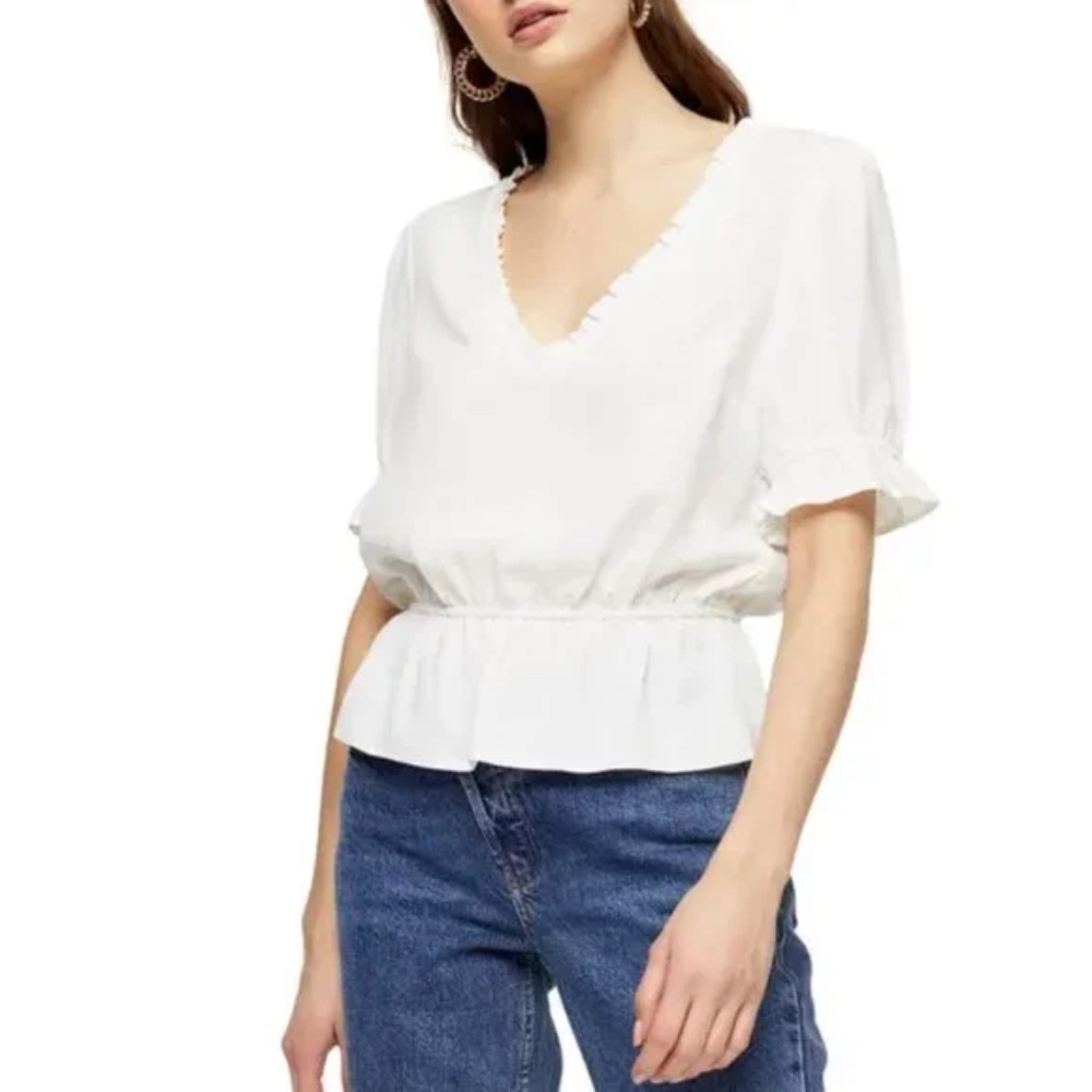 Topshop Morgan Ruffle Trim Peplum Crop Top  V Neck Blouse White 4 NWT
